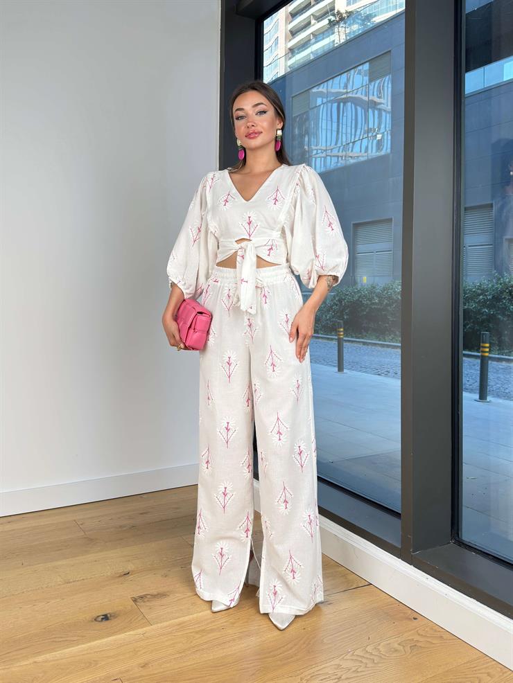 V Yaka Uzun Balon Kollu Belden Bağlamalı Crop Beli Lastikli Bol Pantolon Zoe Pembe Kadın Takım 23Y000233