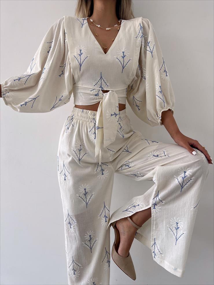 V Yaka Uzun Balon Kollu Belden Bağlamalı Crop Beli Lastikli Bol Pantolon Zoe Kadın Mavi Takım  23Y000233