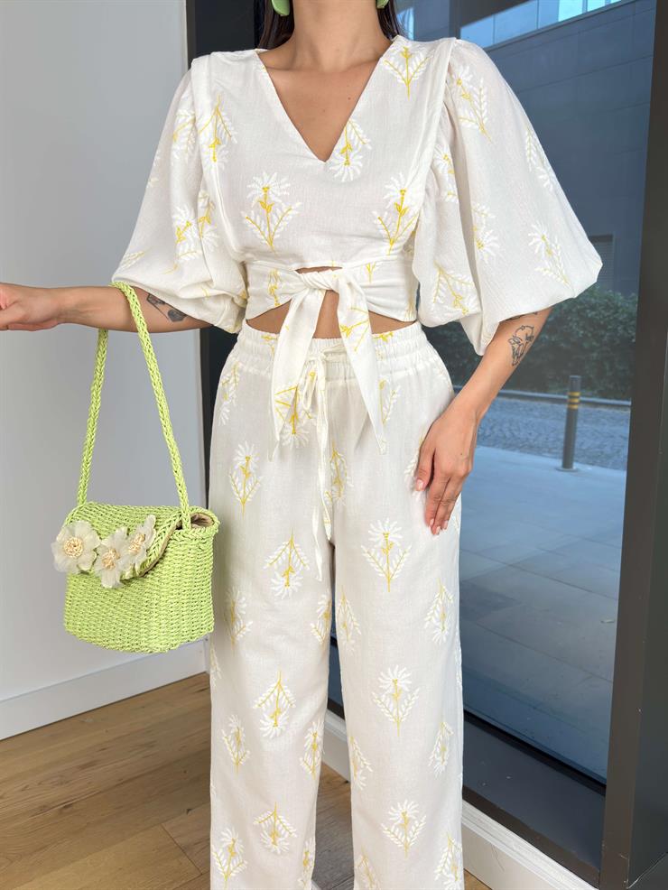 V Yaka Uzun Balon Kollu Belden Bağlamalı Crop Beli Lastikli Bol Pantolon Zoe Sarı Kadın Takım 23Y000233