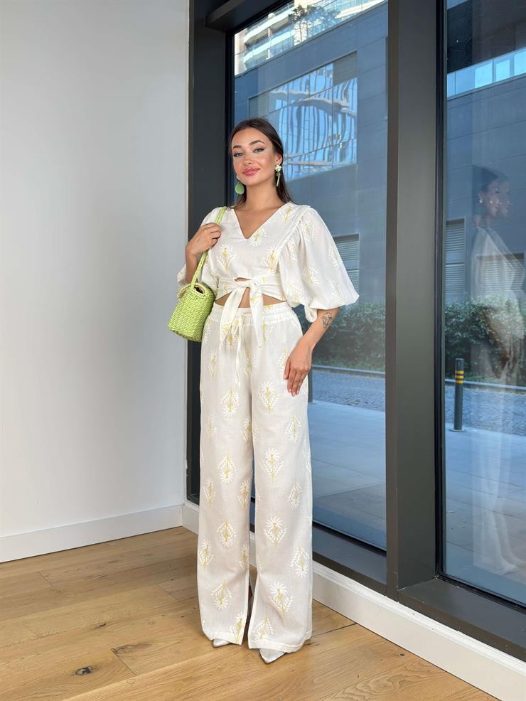 V Yaka Uzun Balon Kollu Belden Bağlamalı Crop Beli Lastikli Bol Pantolon Zoe Sarı Kadın Takım 23Y000233