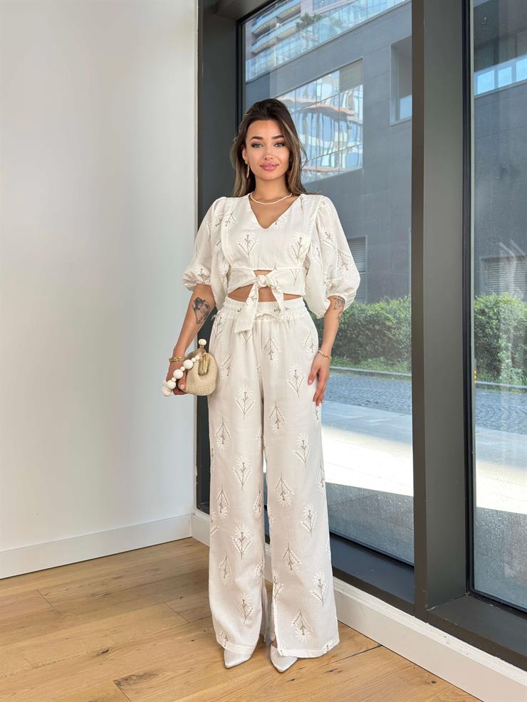 V Yaka Uzun Balon Kollu Belden Bağlamalı Crop Beli Lastikli Bol Pantolon Zoe Kahve Kadın Takım 23Y000233