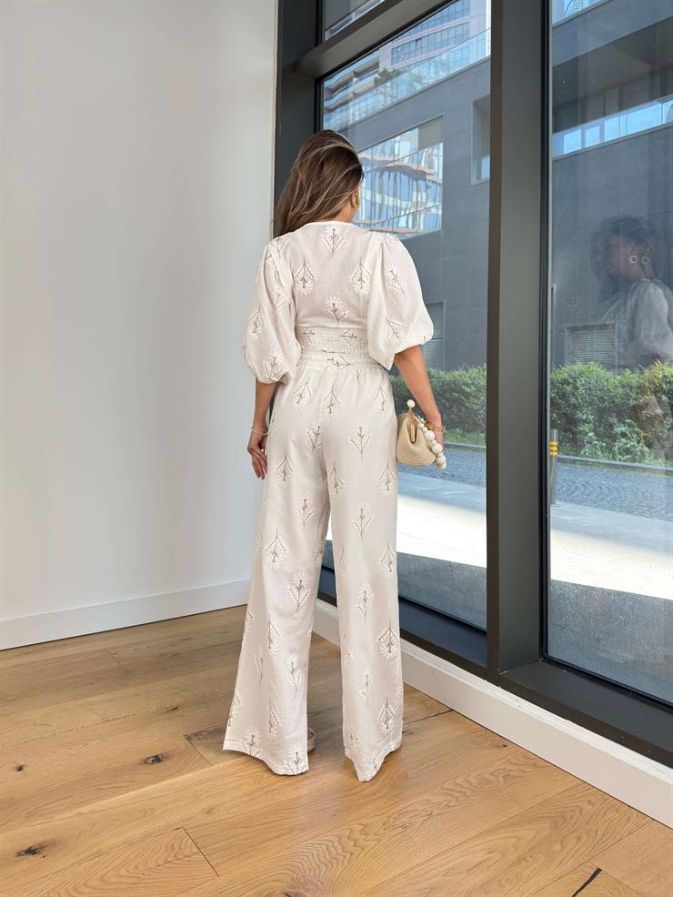 V Yaka Uzun Balon Kollu Belden Bağlamalı Crop Beli Lastikli Bol Pantolon Zoe Kahve Kadın Takım 23Y000233