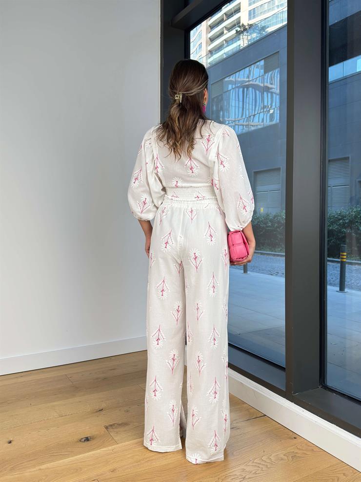 V Yaka Uzun Balon Kollu Belden Bağlamalı Crop Beli Lastikli Bol Pantolon Zoe Pembe Kadın Takım 23Y000233