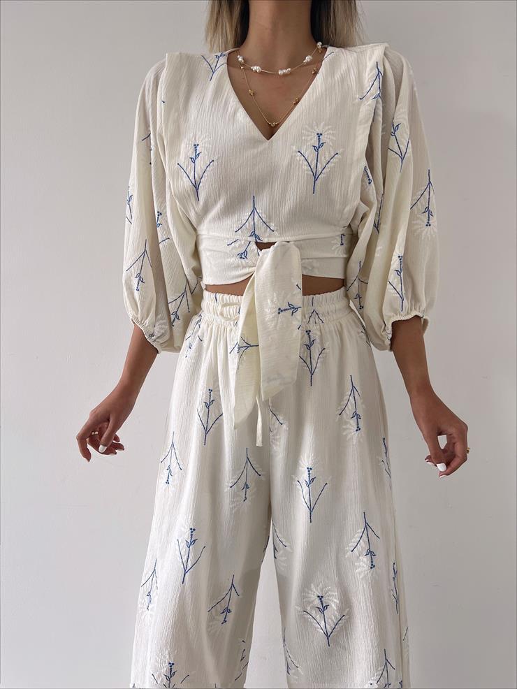 V Yaka Uzun Balon Kollu Belden Bağlamalı Crop Beli Lastikli Bol Pantolon Zoe Kadın Mavi Takım  23Y000233