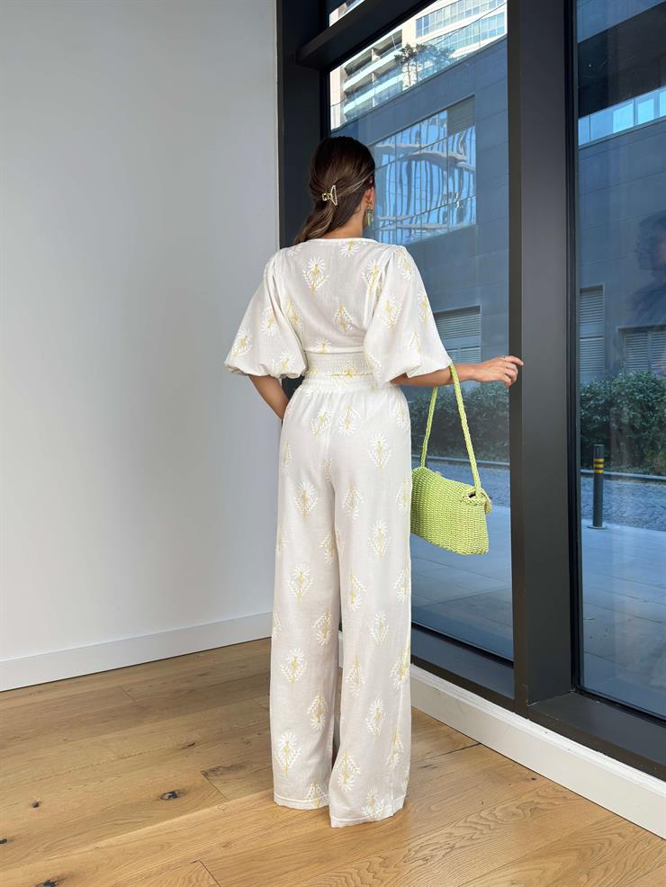 V Yaka Uzun Balon Kollu Belden Bağlamalı Crop Beli Lastikli Bol Pantolon Zoe Sarı Kadın Takım 23Y000233