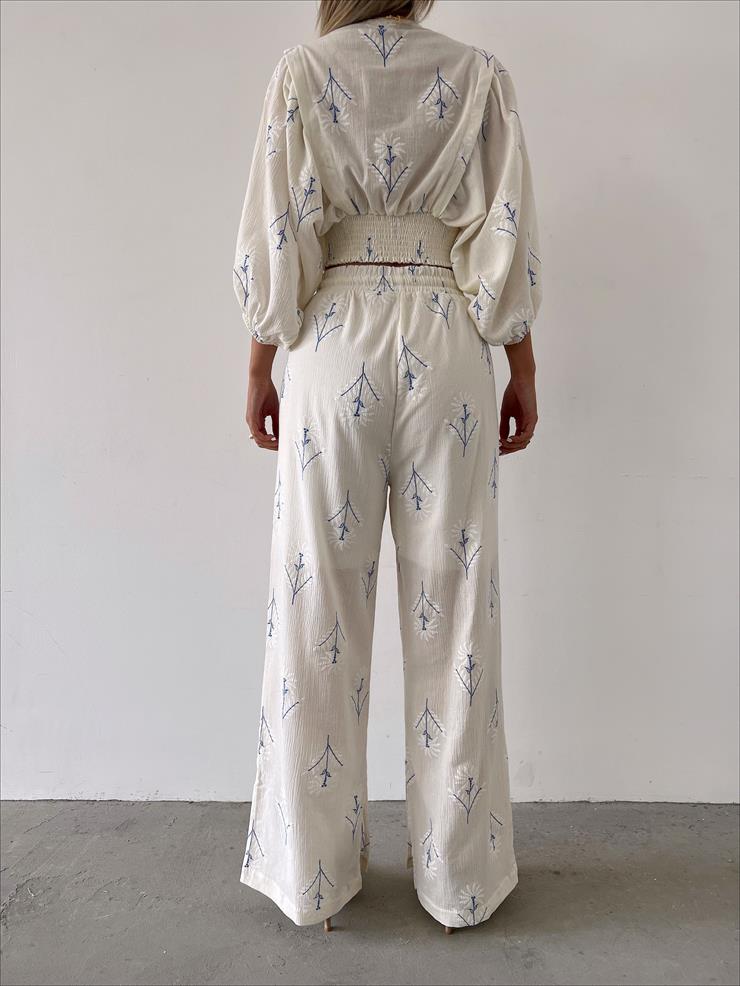 V Yaka Uzun Balon Kollu Belden Bağlamalı Crop Beli Lastikli Bol Pantolon Zoe Kadın Mavi Takım  23Y000233