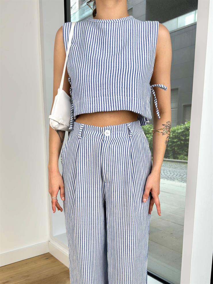 Kolsuz Yandan Bağlama Detaylı Crop Yüksek Bel Pens Detaylı Bol Pantolon Zofie Kadın Mavi Çizgili Takım 24Y502