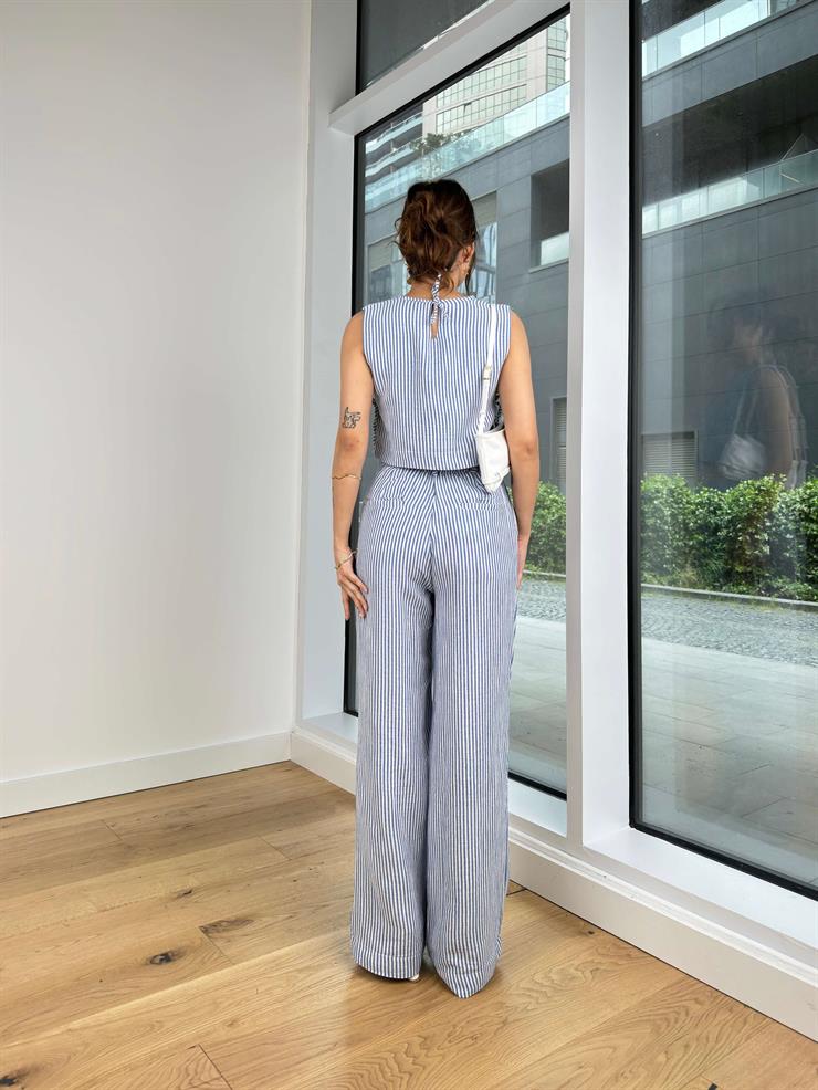 Kolsuz Yandan Bağlama Detaylı Crop Yüksek Bel Pens Detaylı Bol Pantolon Zofie Kadın Mavi Çizgili Takım 24Y502