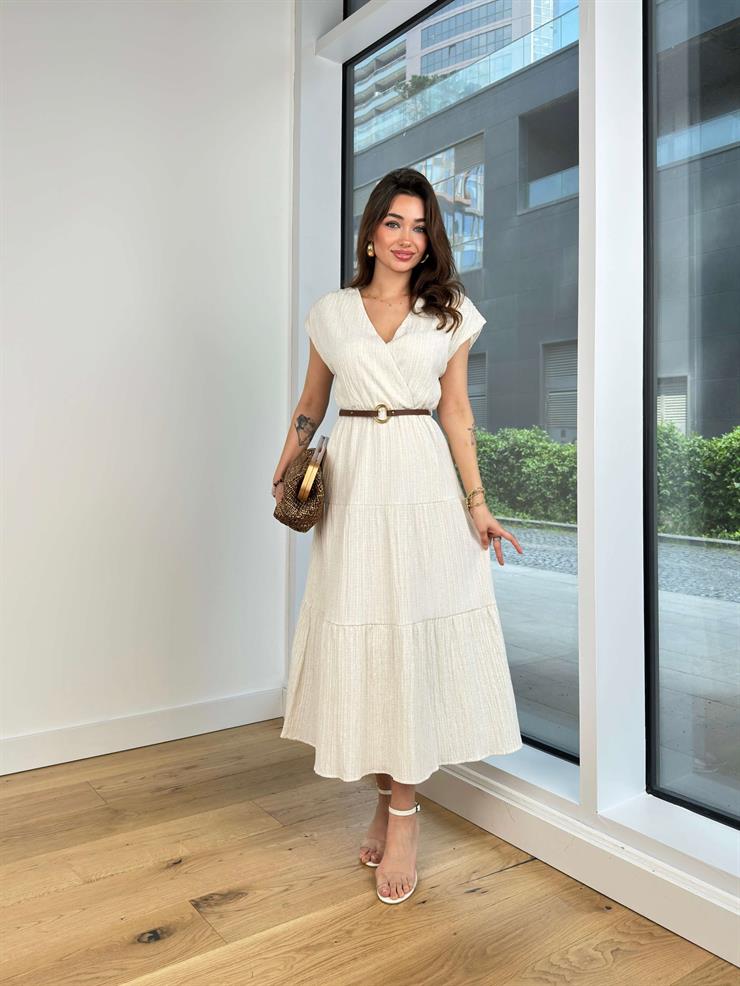 Kısa Kol Kruvaze Yaka Beli Kemerli Zoja Kadın Taş Uzun Elbise 24Y501