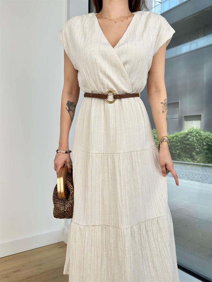 Kısa Kol Kruvaze Yaka Beli Kemerli Zoja Kadın Taş Uzun Elbise 24Y501