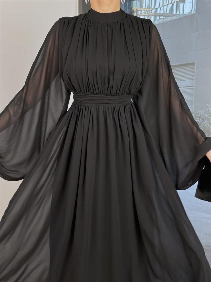 Uzun Tül Kol Zora Kadın Siyah Elbise 23Y000496