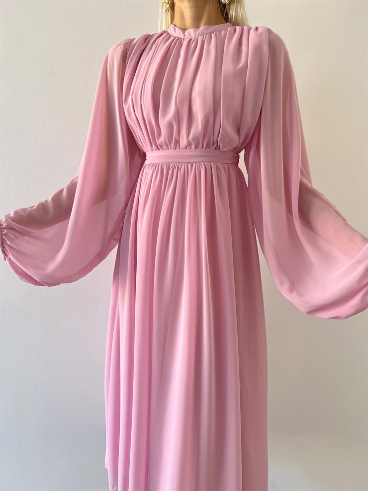 Uzun Tül Kol Zora Kadın Pembe Elbise 23Y000496