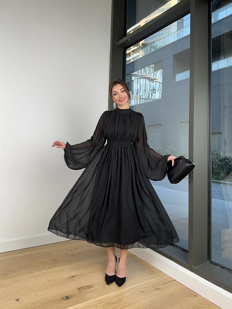 Uzun Tül Kol Zora Kadın Siyah Elbise 23Y000496