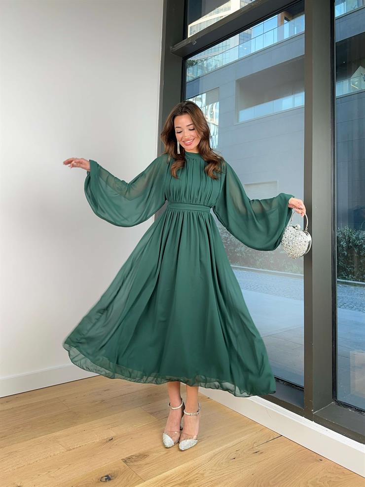 Uzun Tül Kol Zora Kadın Zümrüt Elbise 23Y000496