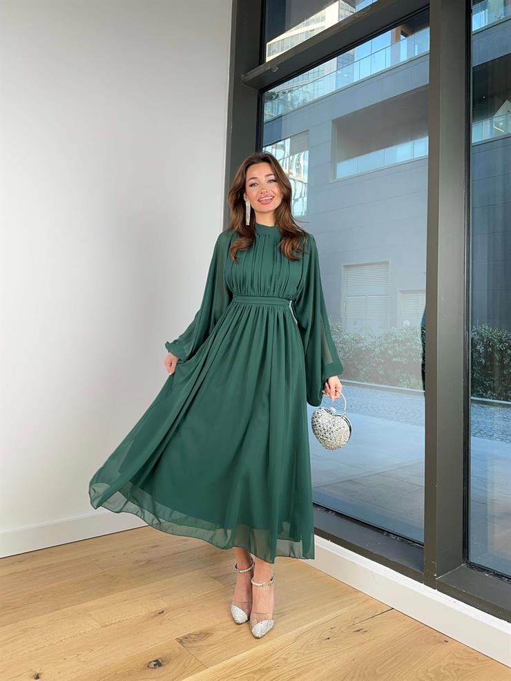 Uzun Tül Kol Zora Kadın Zümrüt Elbise 23Y000496