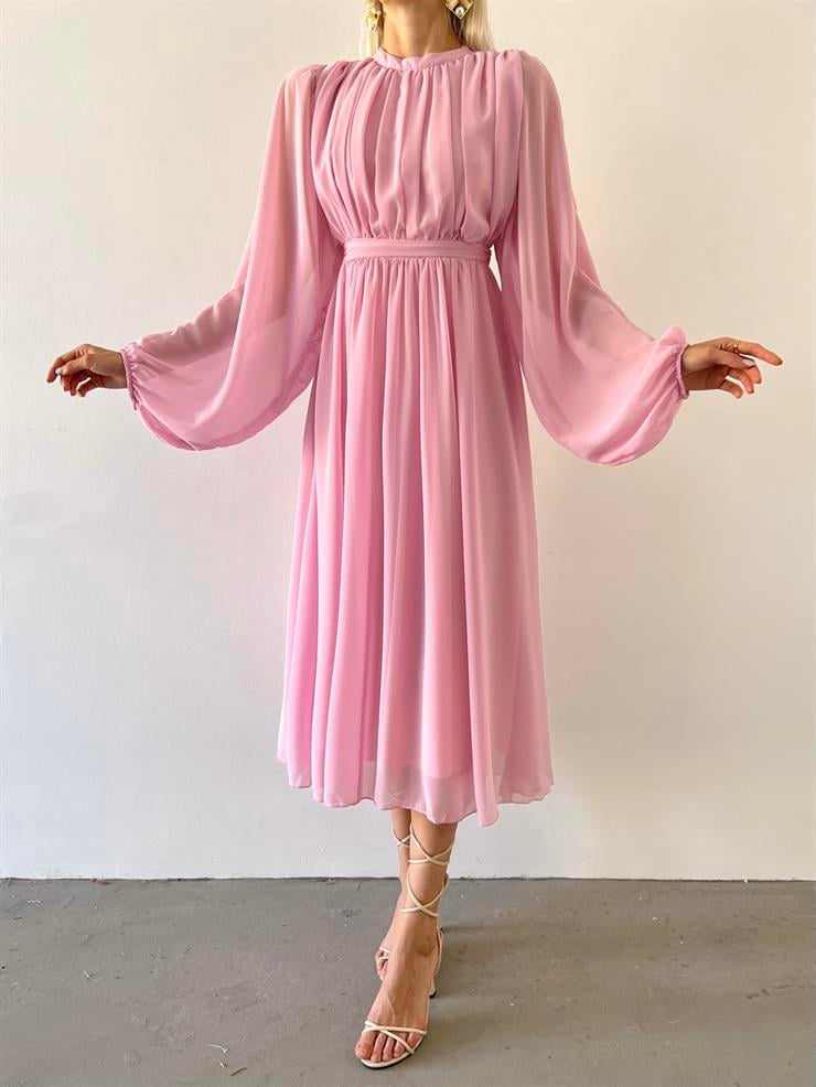 Uzun Tül Kol Zora Kadın Pembe Elbise 23Y000496