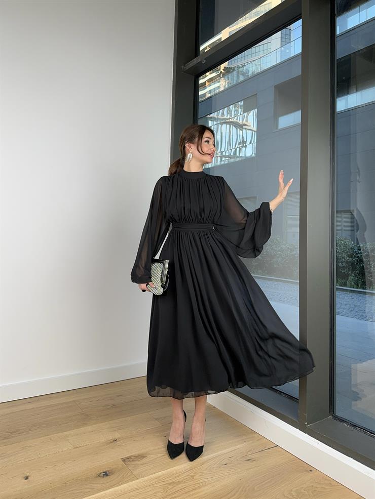 Uzun Tül Kol Zora Kadın Siyah Elbise 23Y000496