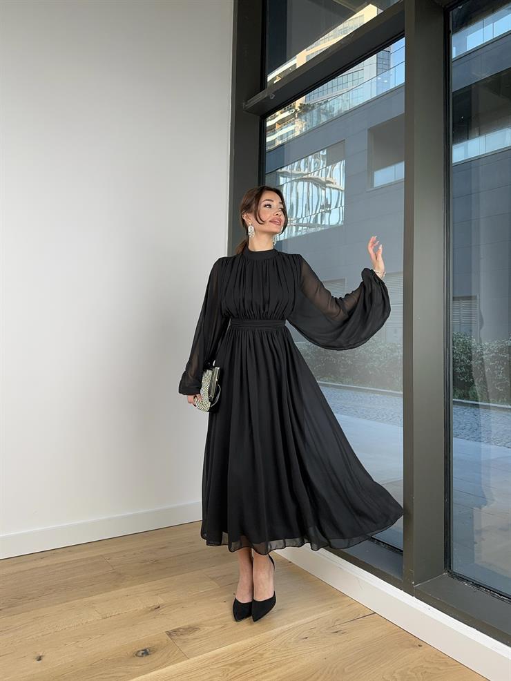 Uzun Tül Kol Zora Kadın Siyah Elbise 23Y000496