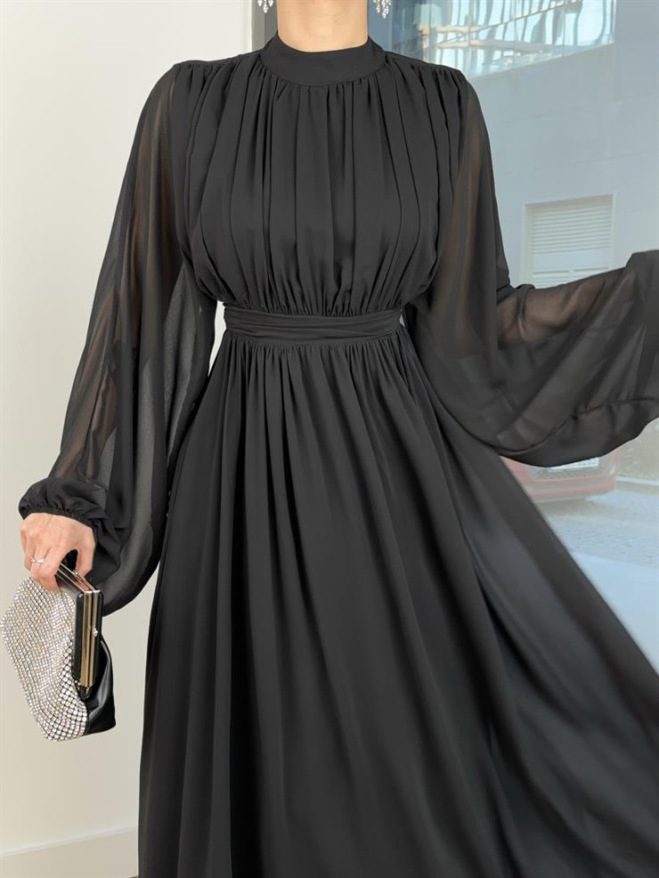 Uzun Tül Kol Zora Kadın Siyah Elbise 23Y000496