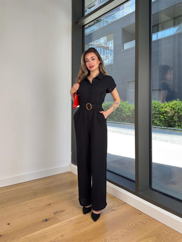 Düğme Kapamalı Beli Kemerli Bol Paça Zuma Siyah Kadın Tulum 25Y351