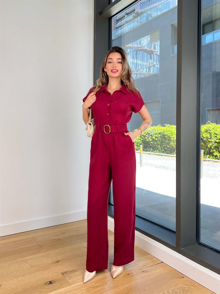 Düğme Kapamalı Beli Kemerli Bol Paça Zuma Bordo Kadın Tulum 25Y351