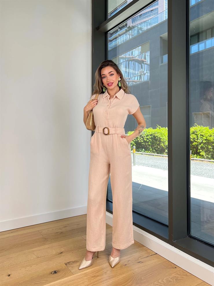 Düğme Kapamalı Beli Kemerli Bol Paça Zuma Vizon Kadın Tulum 25Y351