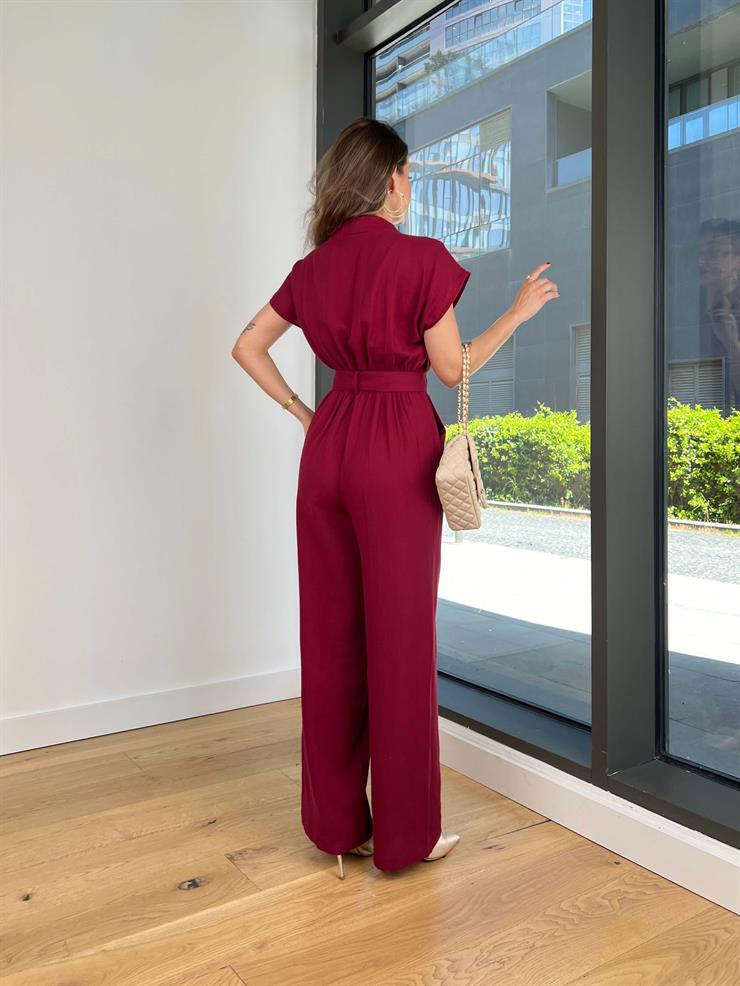 Düğme Kapamalı Beli Kemerli Bol Paça Zuma Bordo Kadın Tulum 25Y351
