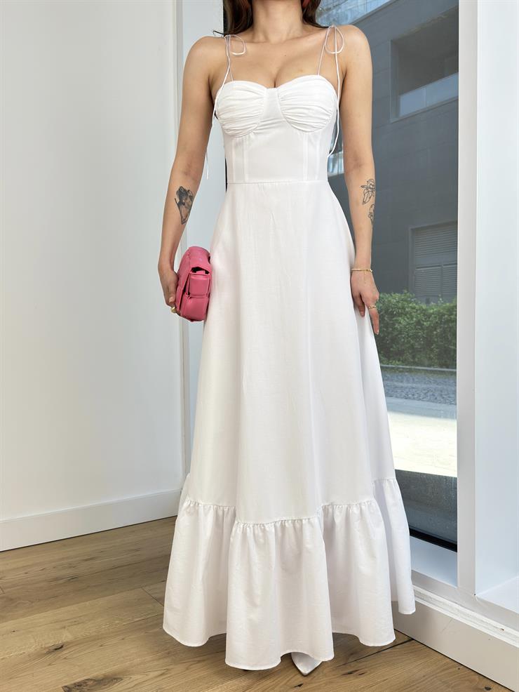 Ayarlanabilir İp Askı Kalp Yaka Zunana Kadın Beyaz Maxi Elbise 24Y500