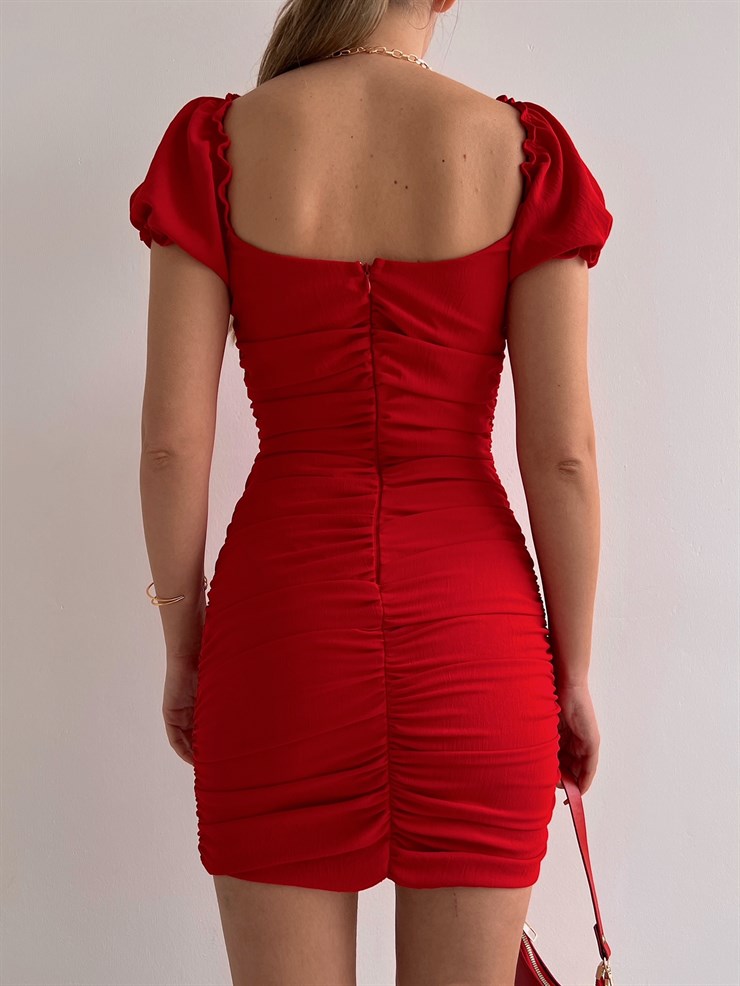 Açık Omuz Göğüs Kuplu Drapeli Teresa Kadın Kırmızı Elbise 22K000587