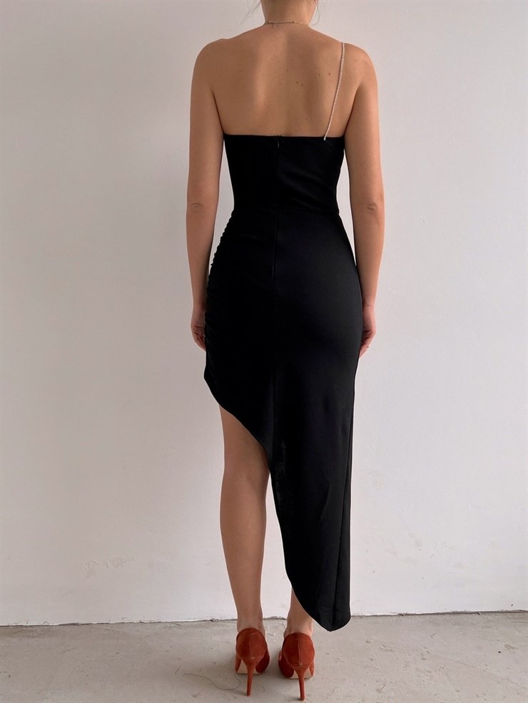 Asimetrik Yırtmaçlı Tek Omuz Amber Kadın Siyah Elbise 22K000545