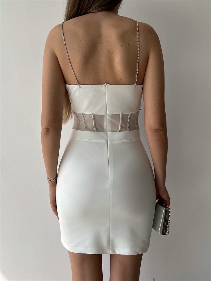 Askı Ve Bel Çevresi Taş Detaylı Beli Tül Yahir Kadın Beyaz Mini Elbise 22Y000280