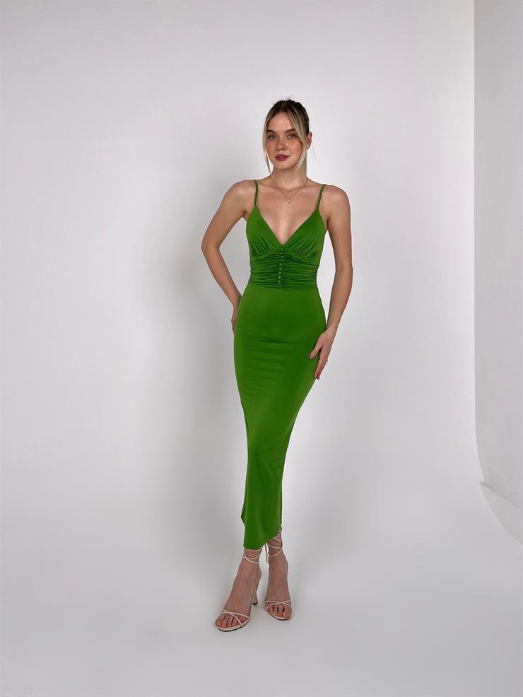 Askılı Beli Düğme Ve Drape Detaylı Janelle Kadın Yeşil Elbise 22Y000088