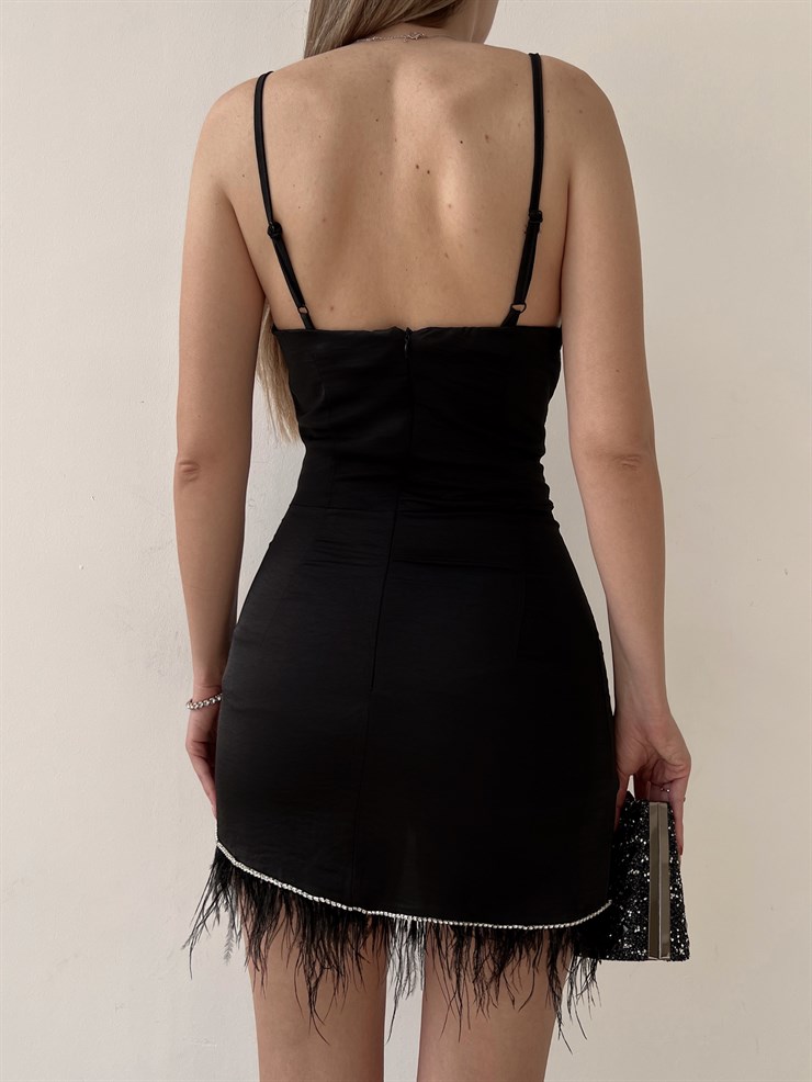 Askılı Etek Kısmı Asimetrik Kesim Püsküllü Walter Kadın Siyah Mini Elbise 22Y000201