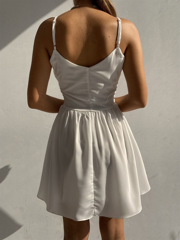 Askılı Kruvaze Yaka Pileli Melody  Kadın Beyaz Elbise 21Y000519