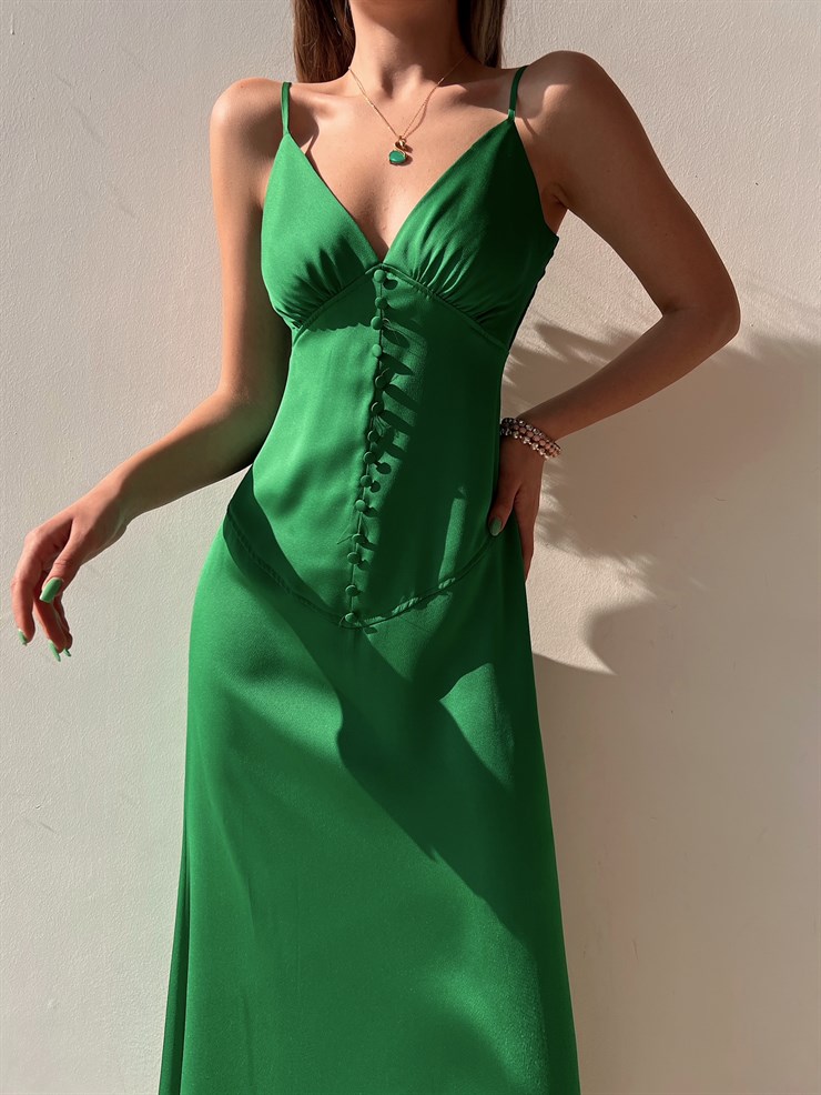 Askılı Önden Düğme Detay Saten Julissa Kadın Yeşil Uzun Elbise 22Y000083