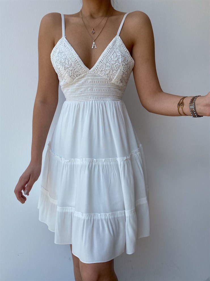 Askılı Sırtı Bağlamalı Volanlı Kadın Beyaz Elbise 21Y000393