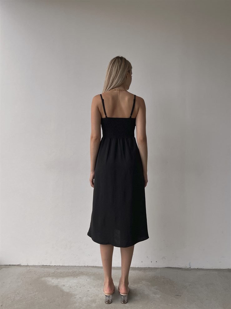Askılı Yakası Büzgülü Bağcıklı Corinne Kadın Siyah Midi Elbise 22Y000073