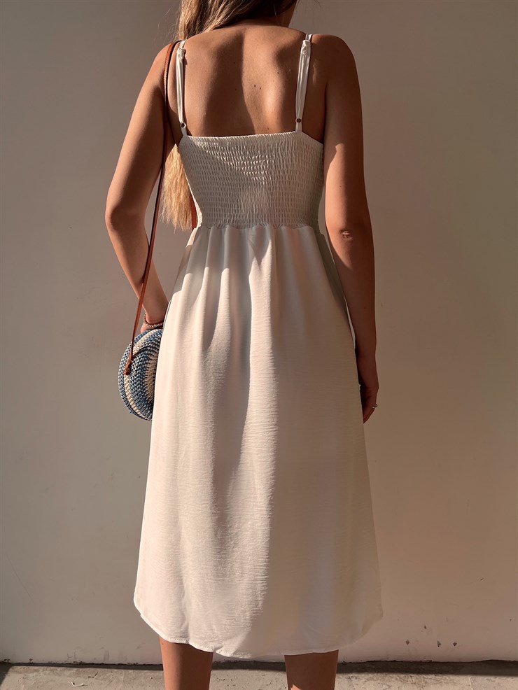 Askılı Yakası Büzgülü Bağcıklı Corinne Kadın Beyaz Midi Elbise 22Y000073