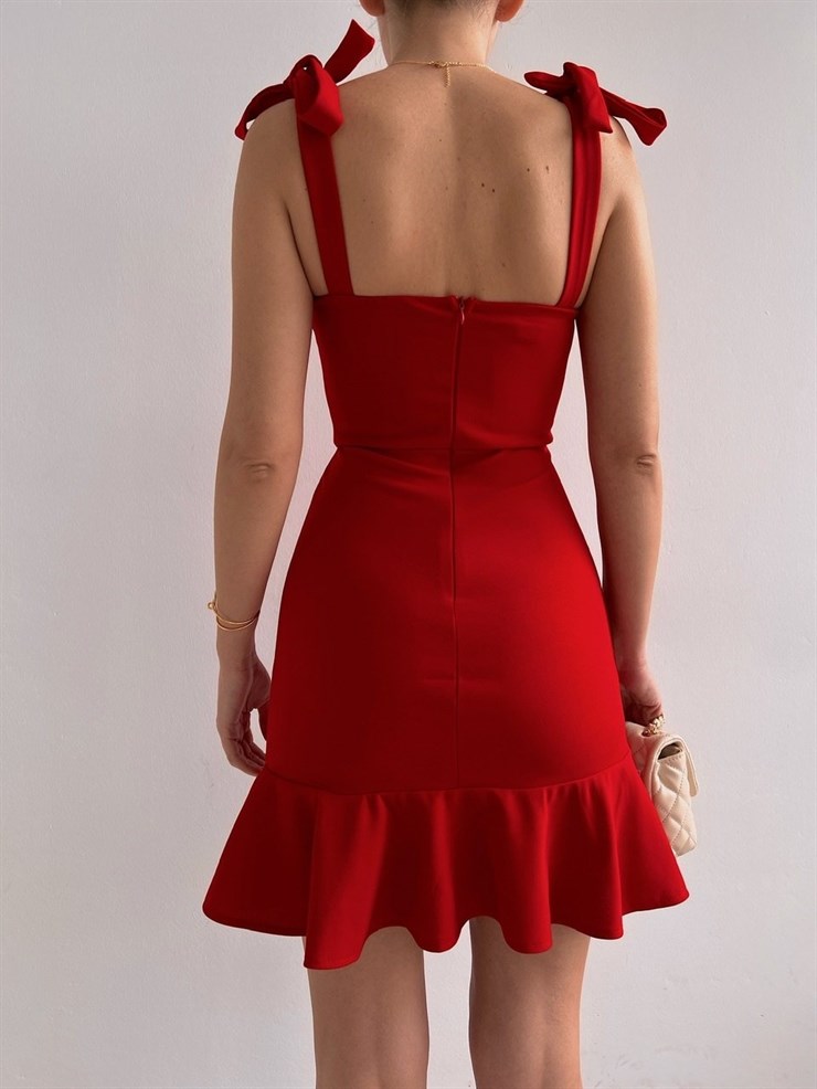 Ayarlanabilir Askılı Eteği Volanlı Leanna Kadın Kırmızı Mini Elbise 22K000573