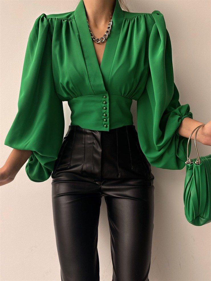 Balon Kol Önden Düğmeli V Yaka Kadın Yeşil Crop Bluz 21Y000527