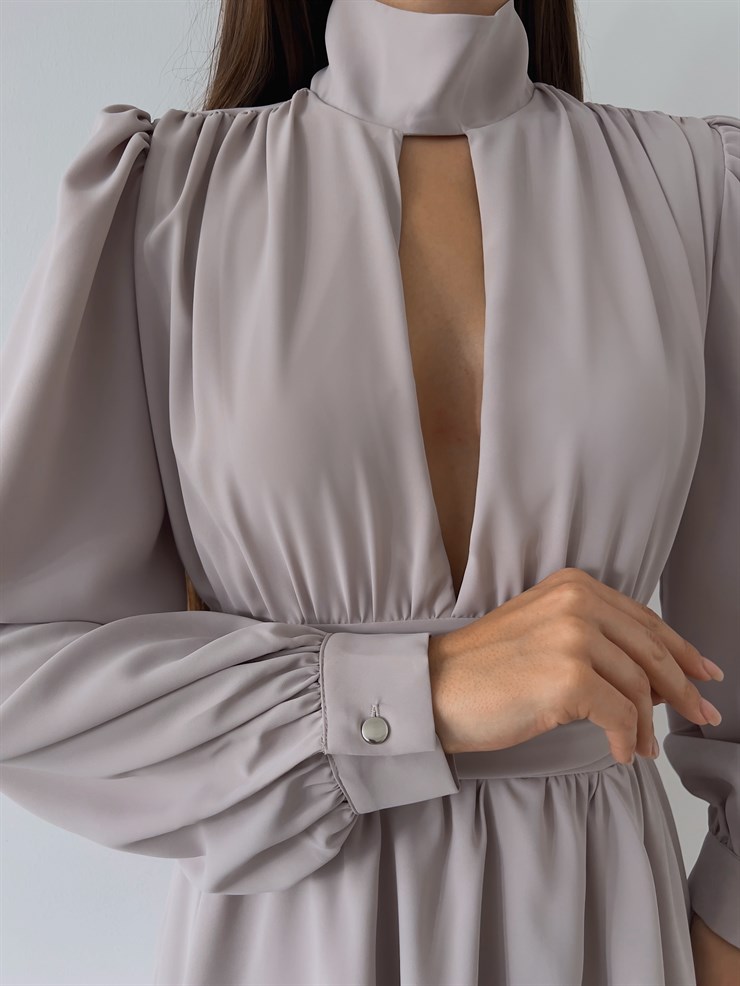 Boğazlı Derin V Yaka Düğmeli Kol Belden Oturtmalı Eteği Volanlı Ivon Kadın Taş Mini Elbise 23K000029
