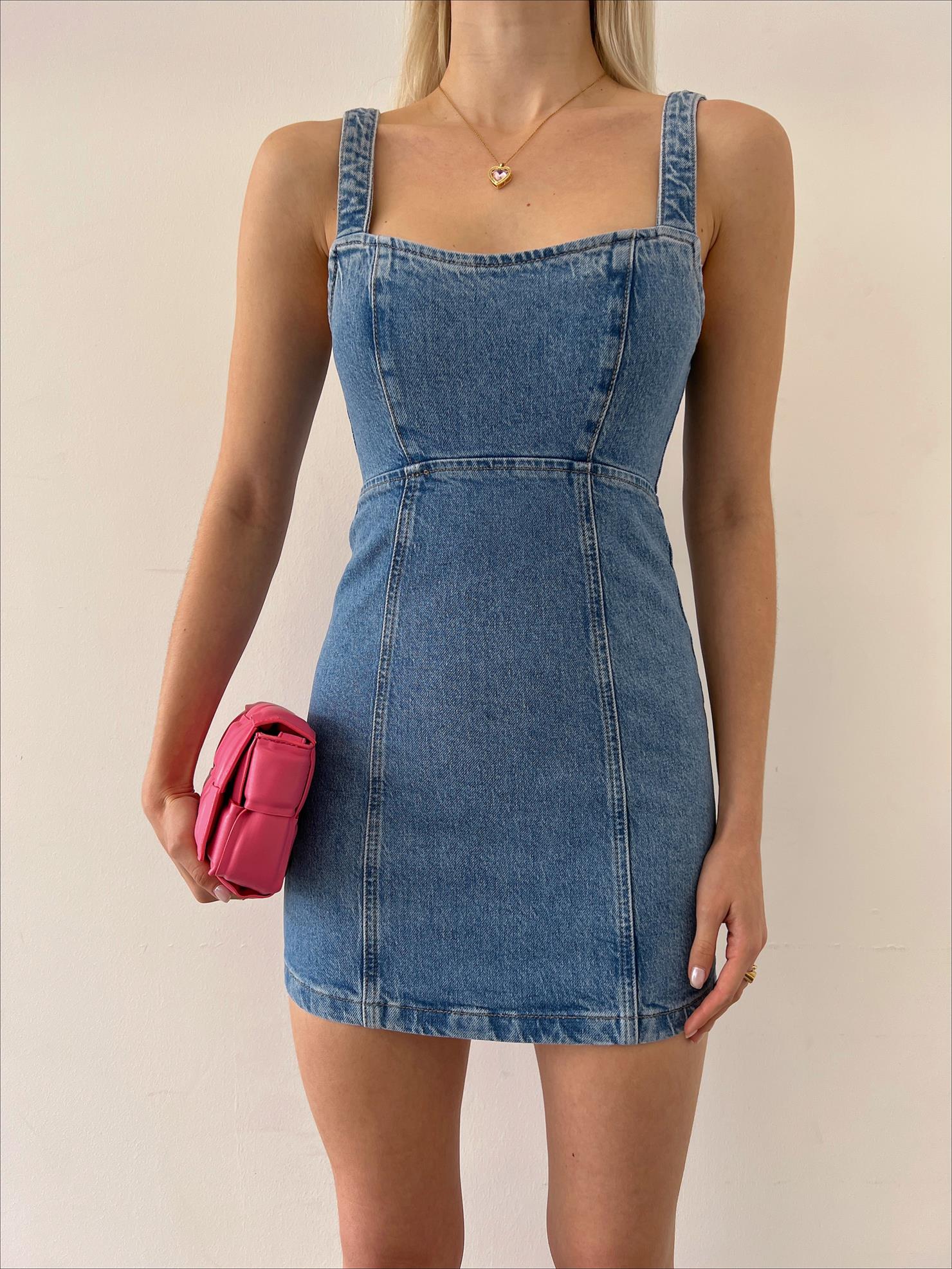 Askılı Arkası Çapraz Bağlamalı Daniel Kadın Mavi Mini Kot Elbise 23Y000209