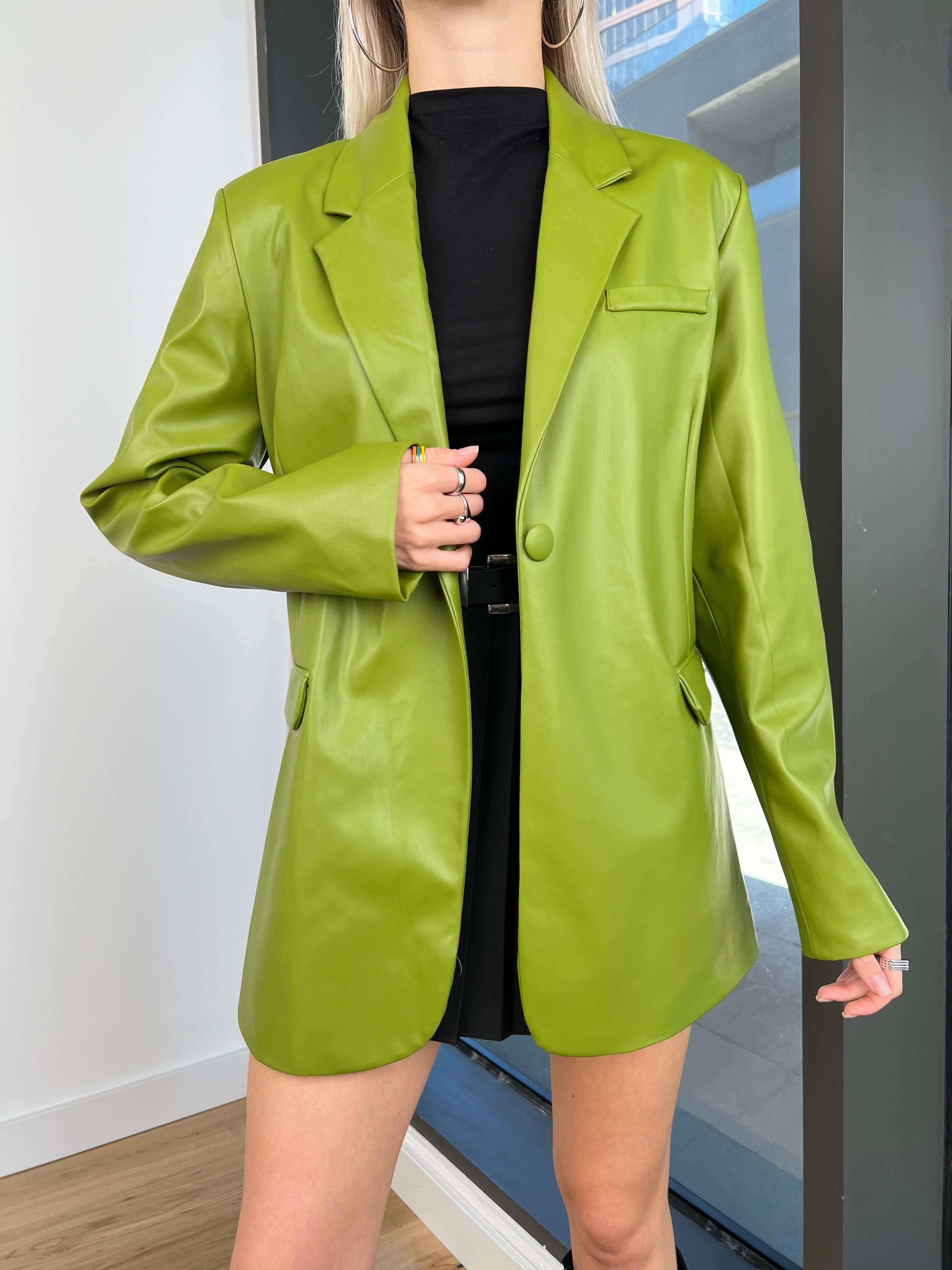Oversize Vegan Deri Nervio Kadın Yeşil Blazer Ceket 24k000138