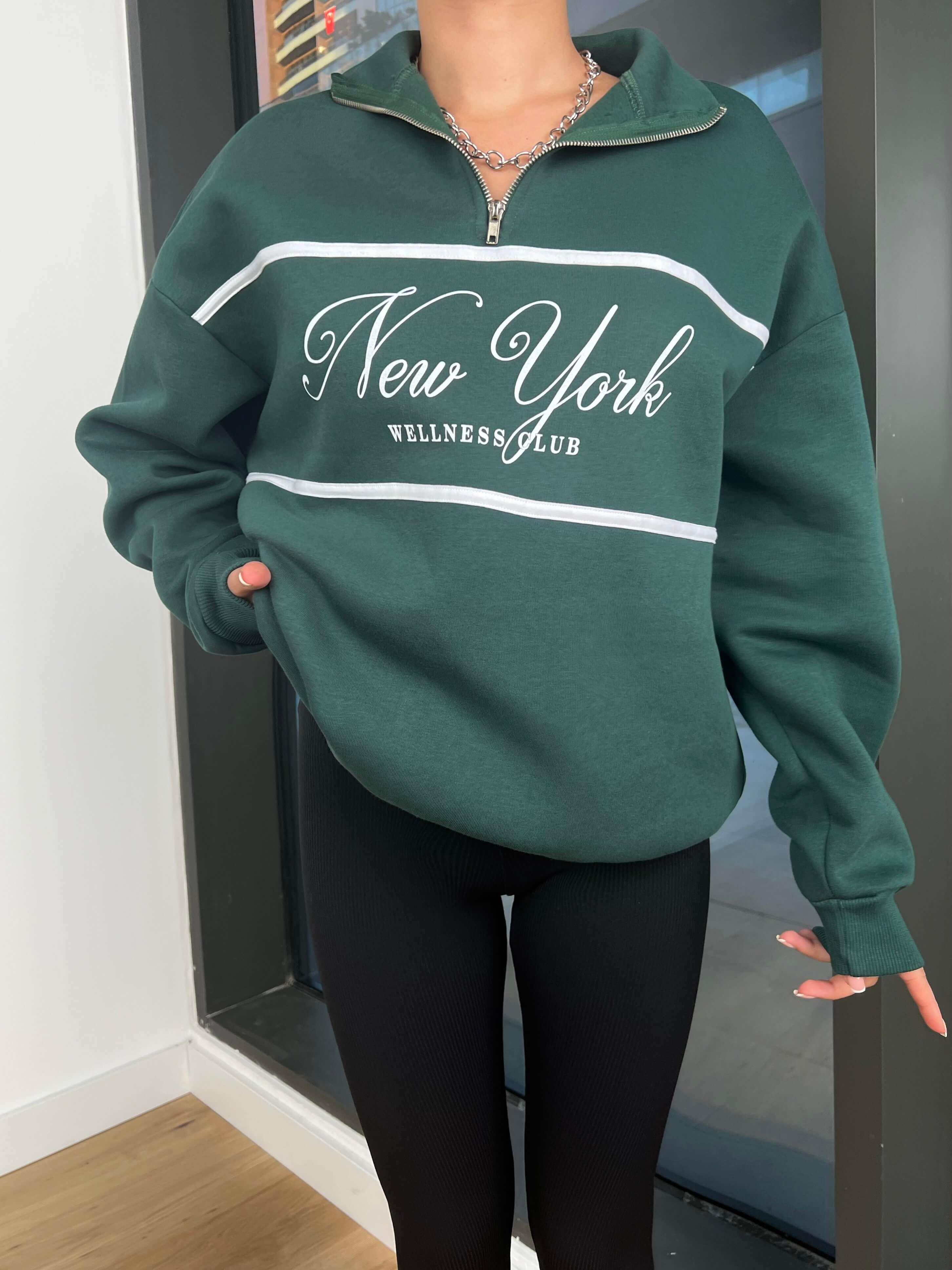 Yarım Fermuarlı Newyork Yazılı Kadın Yeşil Sweatshirt 24k000191