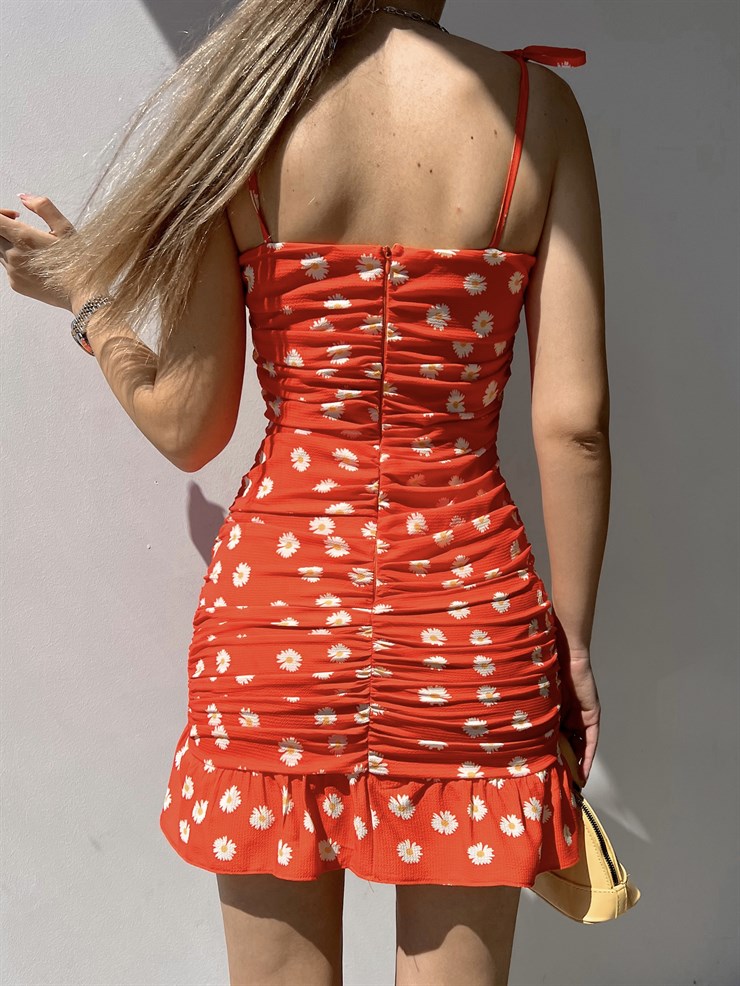 Çiçekli İnce Askı Eteği Fırfırlı Bruno Kadın Turuncu Mini Elbise 22Y000205