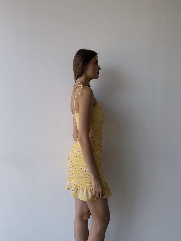 Çiçekli İnce Askı Eteği Fırfırlı Bruno Kadın Sarı Mini Elbise 22Y000205