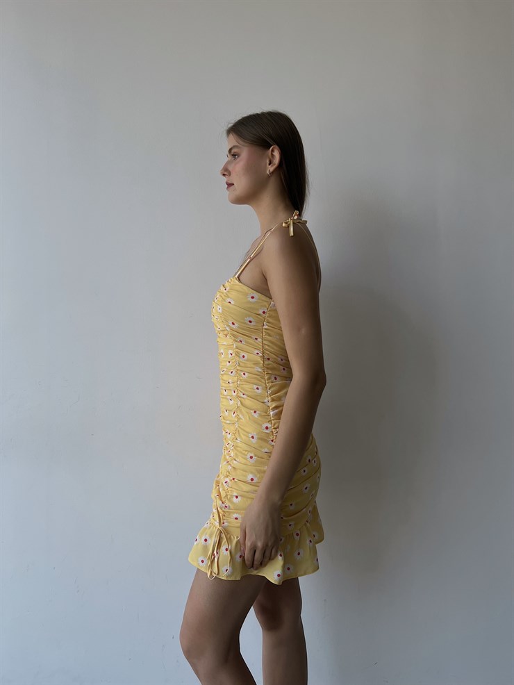 Çiçekli İnce Askı Eteği Fırfırlı Bruno Kadın Sarı Mini Elbise 22Y000205