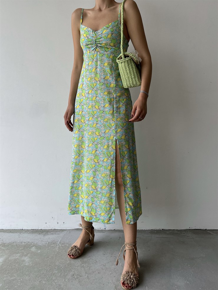 Çiçekli İnce Askı Yırtmaçlı Grant Kadın Yeşil Uzun Elbise 22Y000290
