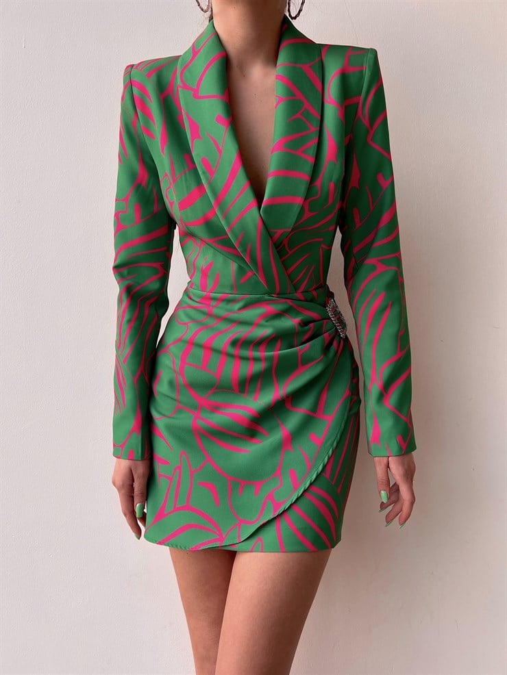 Desenli Kruvaze Yanı Tokalı Hunter Kadın Yeşil Ceket Elbise 22Y000082