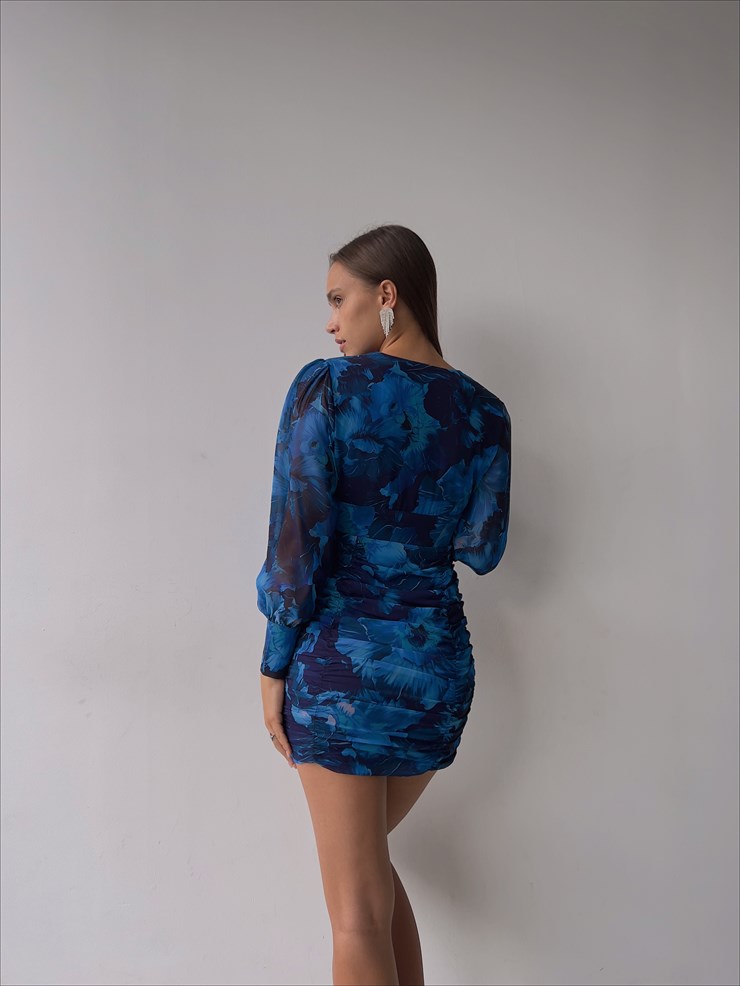 Desenli Uzun Kol Drapeli Derin V Yaka Sienna Kadın Mavi Mini Elbise 22Y000507